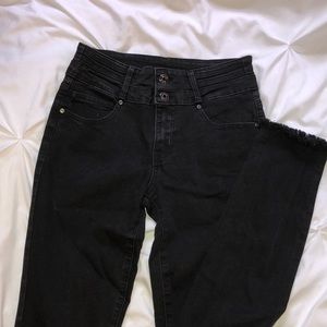 black high waisted fringe jeans